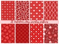 Set of St. Valentine`s Day seamless patterns; vector backgrounds with hearts. Royalty Free Stock Photo